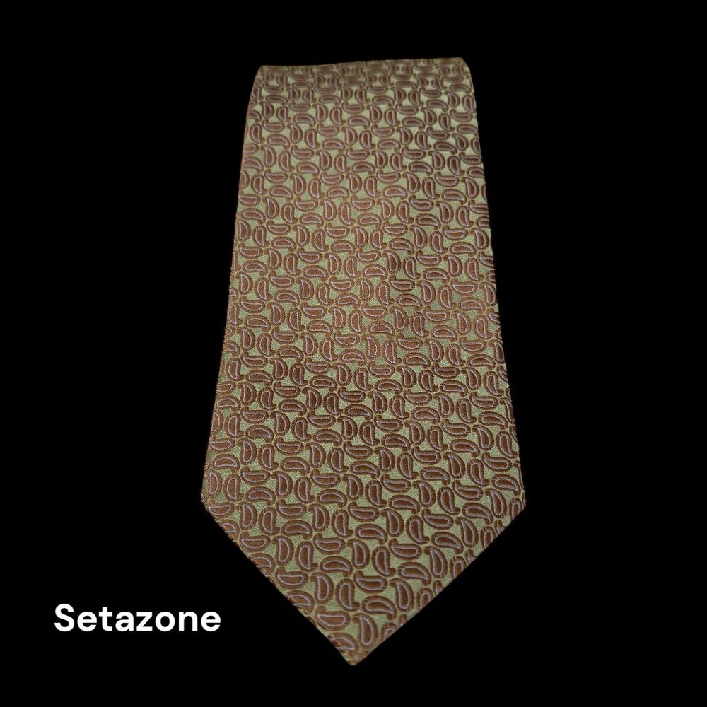 Handmade Setazone 100% Silk Tie  Brown Green Paisley Elegant Design Iridescent - Picture 12 of 14
